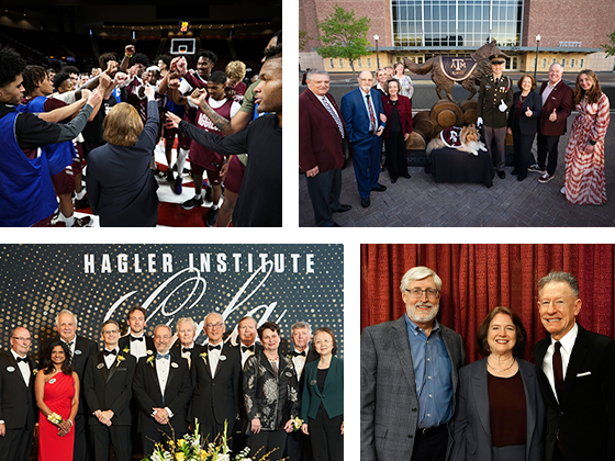 Collage of images with President Banks during the month of March. Photos include President Banks with the Texas A&M Men's Basketball Team, a photo with Banks in front of the new Reveille statue, Banks with Lyle Lovett, and Banks at the Hagler Institute Gala